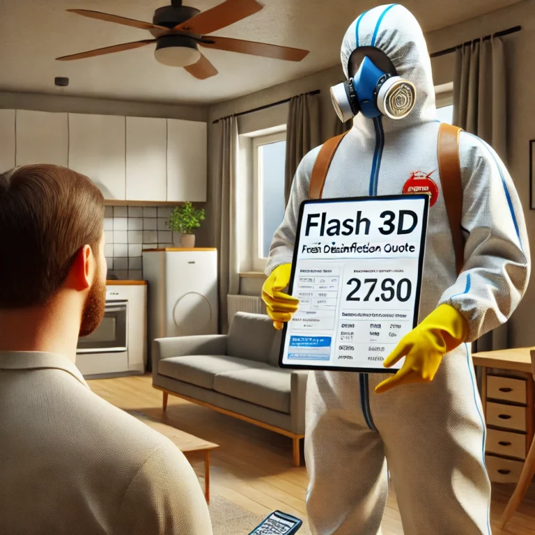Un technicien de Flash 3D Désinfection montre un devis gratuit à un client avant de commencer le nettoyage d’un appartement.