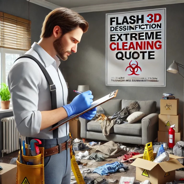 Technicien de Flash 3D Désinfection effectuant une évaluation pour un devis de nettoyage extrême dans un logement encombré.