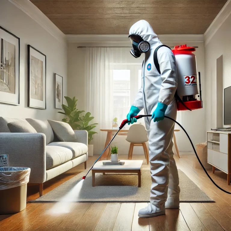 Technicien appliquant un traitement préventif dans une maison insalubre après un nettoyage extrême.