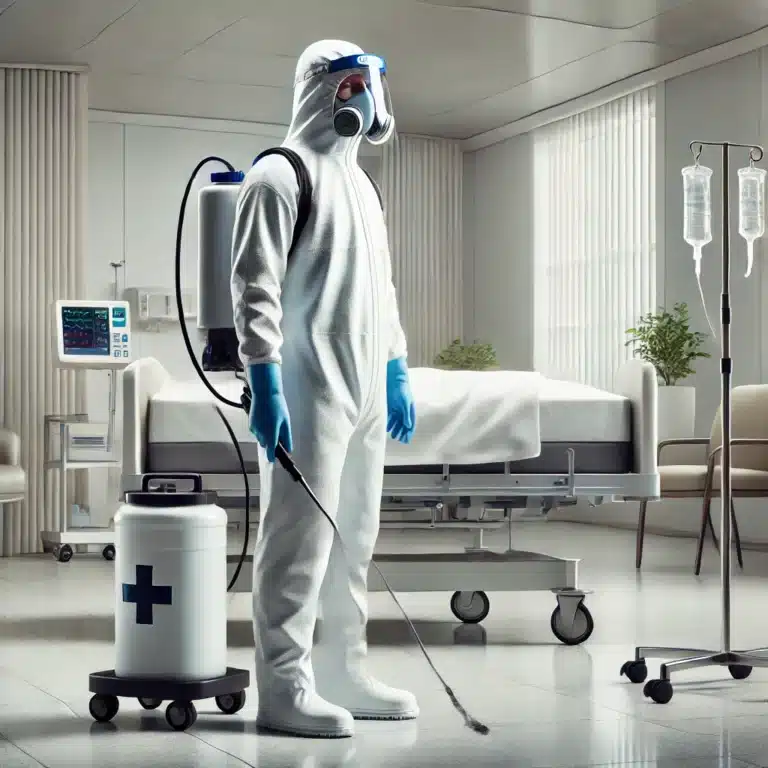 Un technicien de nettoyage après décès, portant un équipement de protection, se tient dans une pièce à désinfecter.