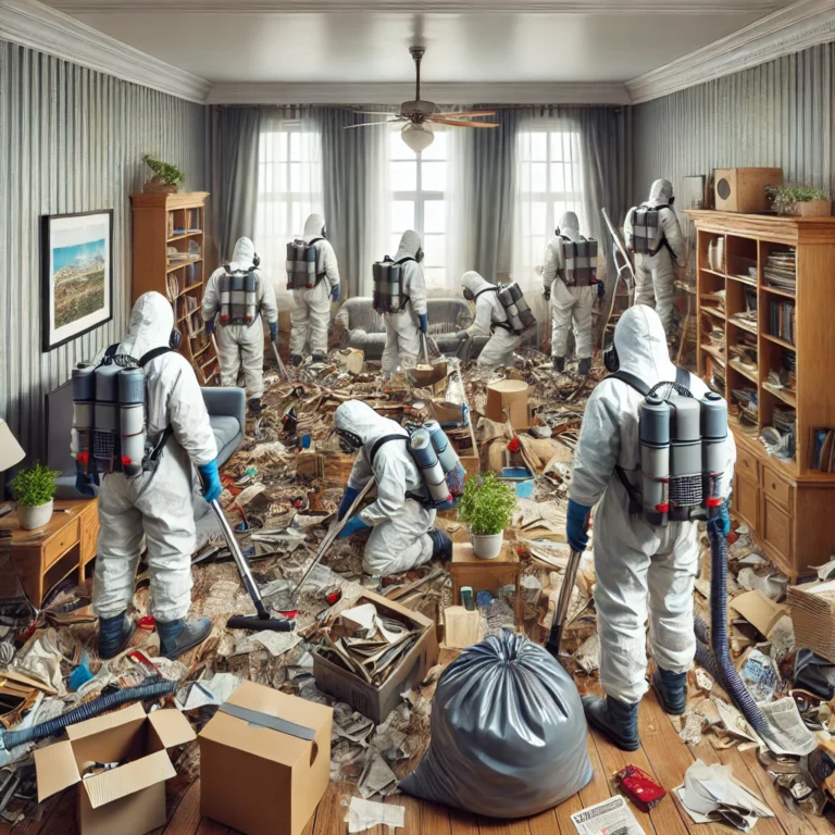 Techniciens réalisant un nettoyage extrême dans un appartement très encombré avec des équipements spécialisés.