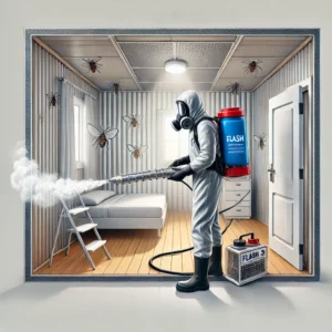 Un technicien applique un traitement par fumigation dans une pièce pour éliminer les nuisibles.