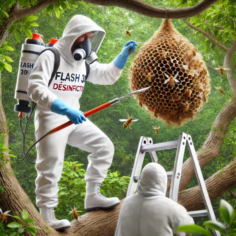 Technicien de Flash 3D Désinfection en train d’enlever un nid de frelons dans un arbre.