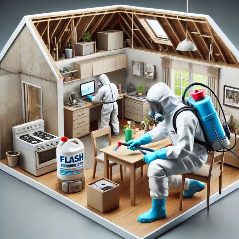 Technicien de Flash 3D Désinfection nettoyant et désinfectant une maison sale dans les Alpes-Maritimes.