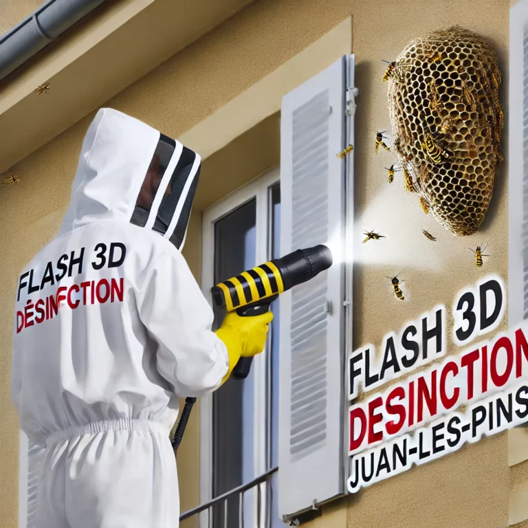 Un technicien de Flash 3D Désinfection en tenue de protection retire un nid de guêpes sur la façade d'un bâtiment à Juan-les-Pins.