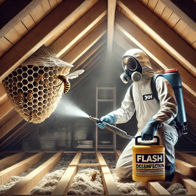 Un technicien de Flash 3D Désinfection en tenue de protection applique un insecticide sur un nid de frelons caché dans les combles d'une maison.