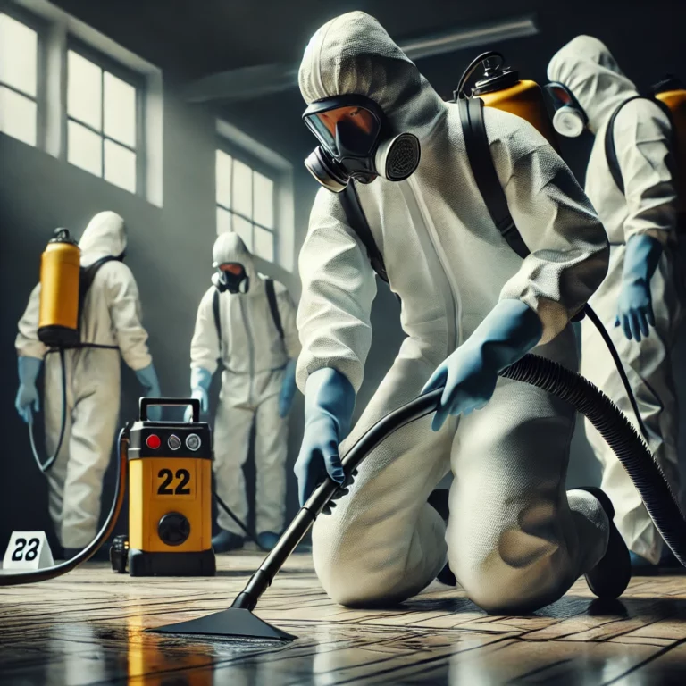 Équipe de professionnels nettoyant une scène de crime avec un équipement spécialisé.