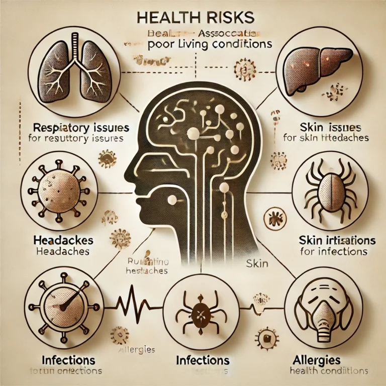 Diagramme illustrant les risques pour la santé associés à l'insalubrité avec des icônes représentant les poumons, les maux de tête, les irritations cutanées, les infections et les allergies.