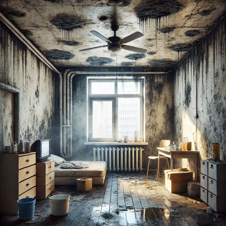 Illustration d'un appartement présentant des conditions insalubres, avec des murs humides, de la moisissure et une mauvaise ventilation.