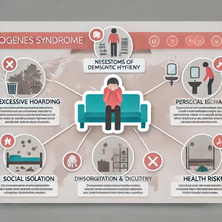 Infographie montrant les symptômes du syndrome de Diogène, tels que l'accumulation excessive, la négligence de l'hygiène, l'isolement social, le désordre, le déni, et les risques pour la santé.