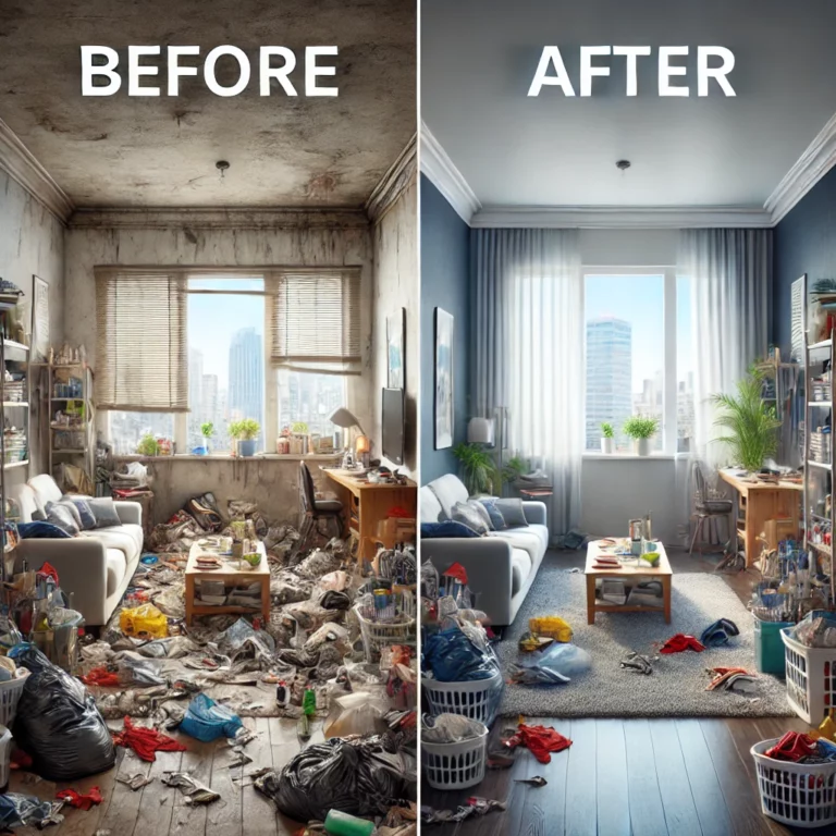 Photo avant-après montrant un appartement extrêmement encombré, puis totalement restauré après un débarras et un nettoyage en profondeur suite à une intervention pour syndrome de Diogène.