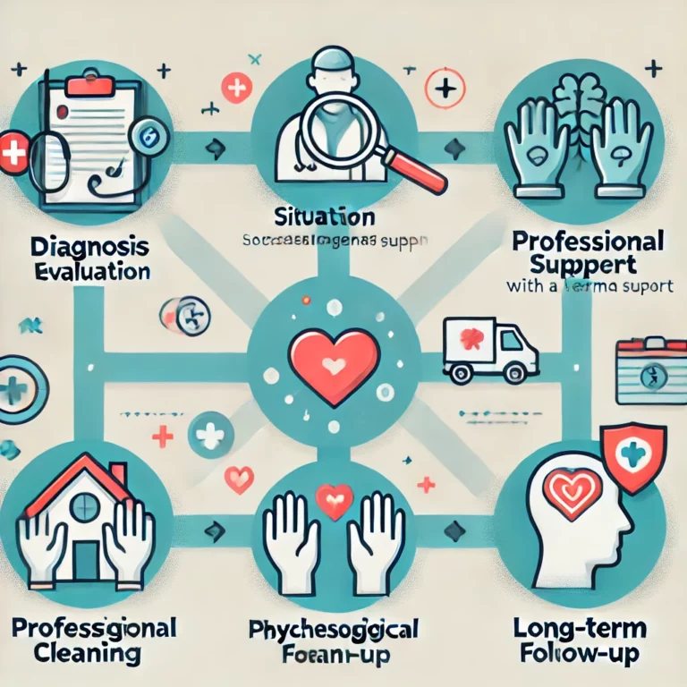 Infographie montrant les étapes d'aide pour une personne atteinte du syndrome de Diogène, incluant le diagnostic, l'évaluation, le nettoyage, l'accompagnement psychologique, le suivi, et la prévention.