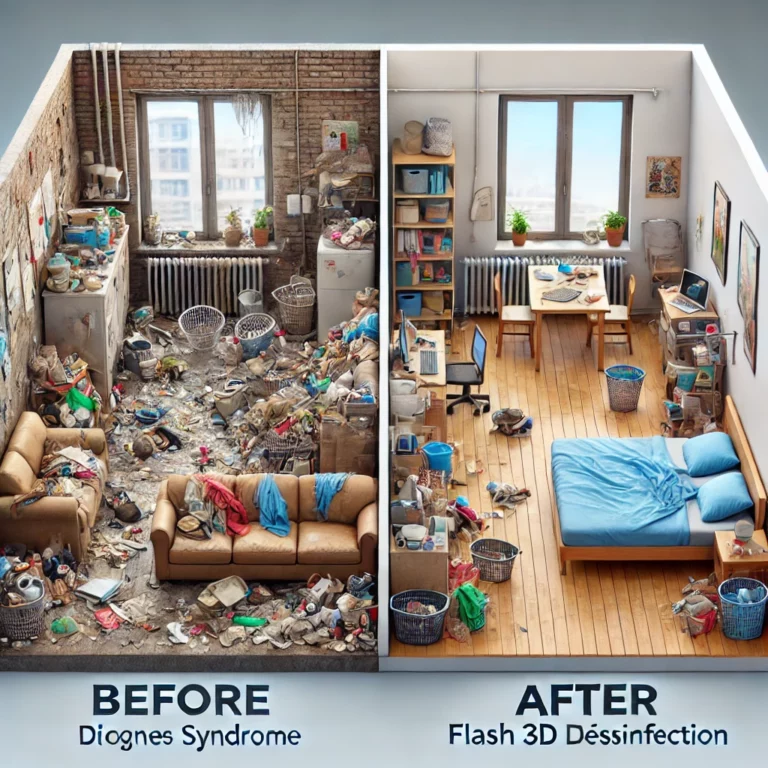 Photo avant-après d'une intervention de Flash 3D Désinfection pour un débarras Diogène.