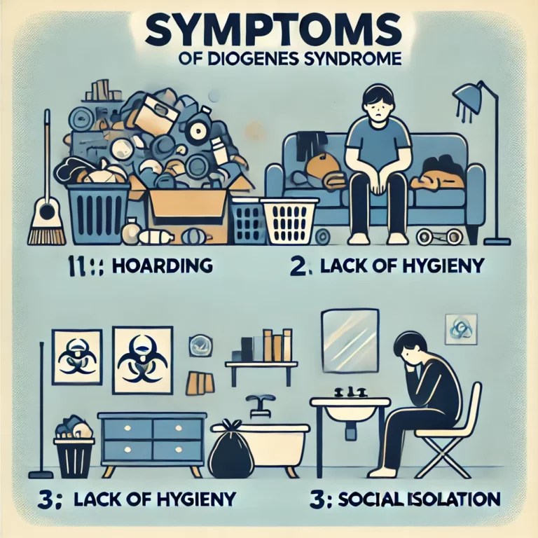 Infographie présentant les symptômes du syndrome de Diogène, y compris l'accumulation excessive, le manque d'hygiène et l'isolement social.
