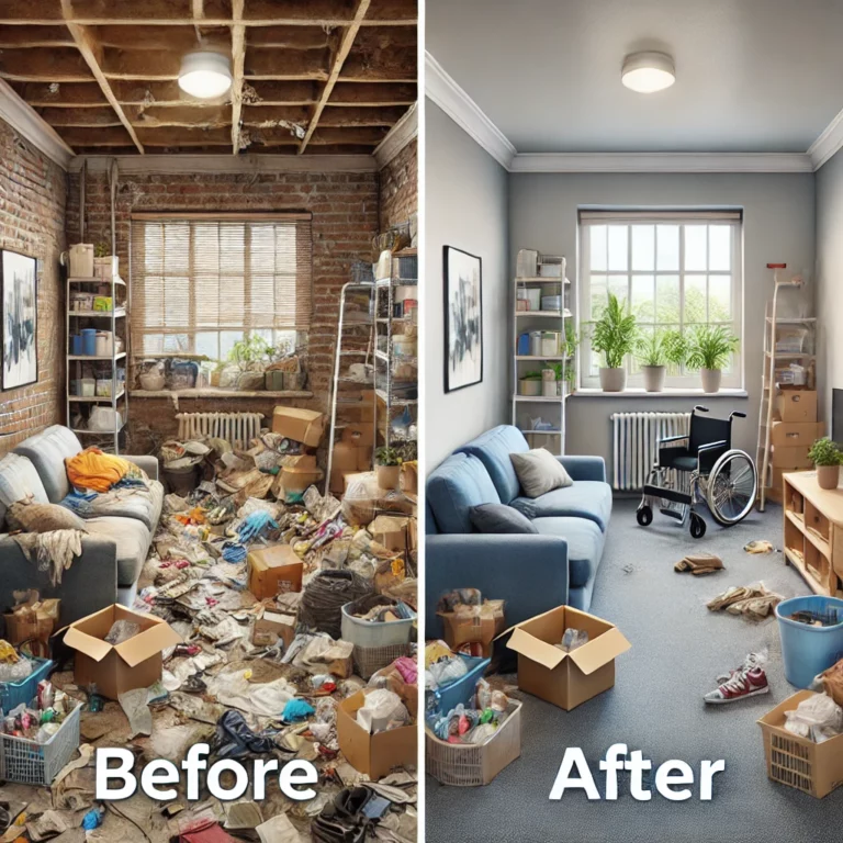 Photo avant-après montrant un logement désordonné et insalubre transformé en un espace propre et vivable après une réhabilitation complète.