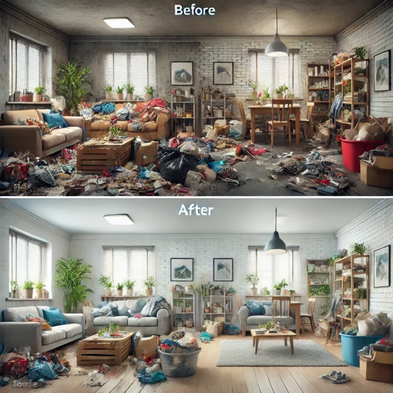 Photo avant-après montrant un logement encombré et négligé transformé en un espace propre et organisé après réhabilitation.