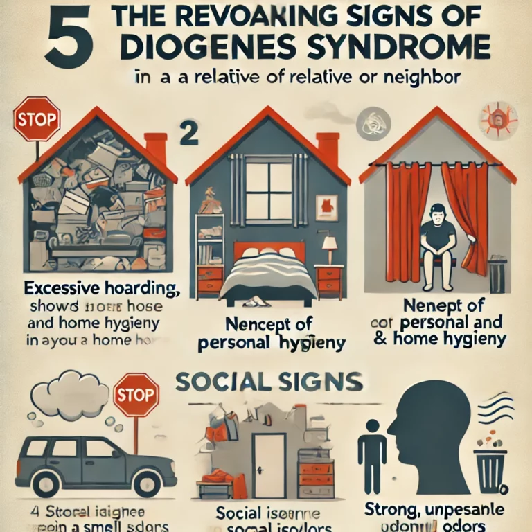 nfographie montrant les signes révélateurs du syndrome de Diogène chez un proche ou un voisin, tels que l'accumulation excessive, la négligence de l'hygiène, l'isolement social, et les mauvaises odeurs.