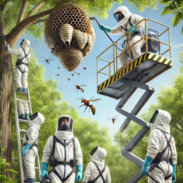 Illustration montrant une équipe professionnelle en tenue de protection complète, utilisant des équipements de sécurité pour détruire un nid de frelons en hauteur dans un arbre.