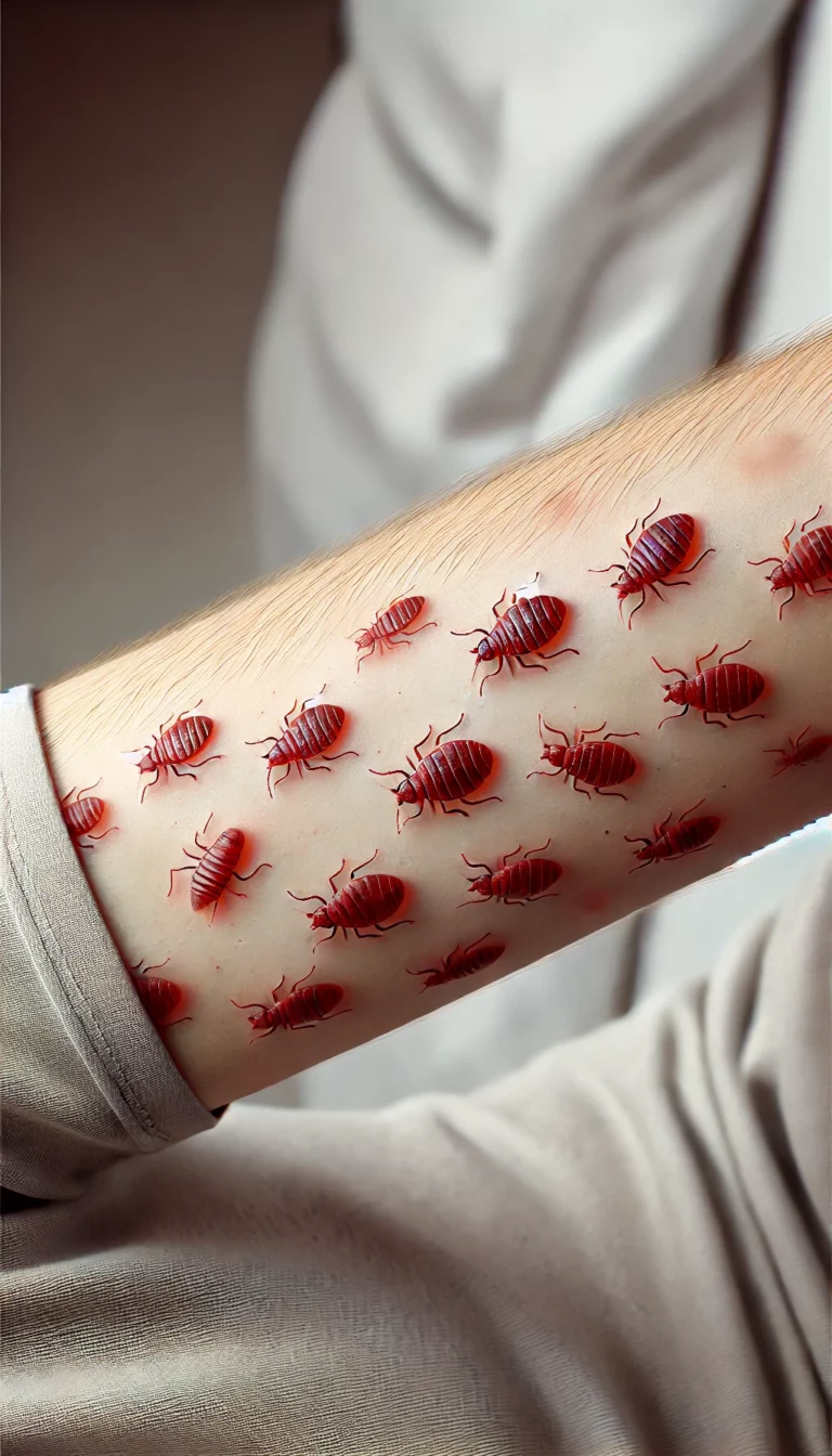 Photo montrant des piqûres de punaises de lit caractéristiques, alignées en grappes rouges et irritées sur le bras d'une personne.