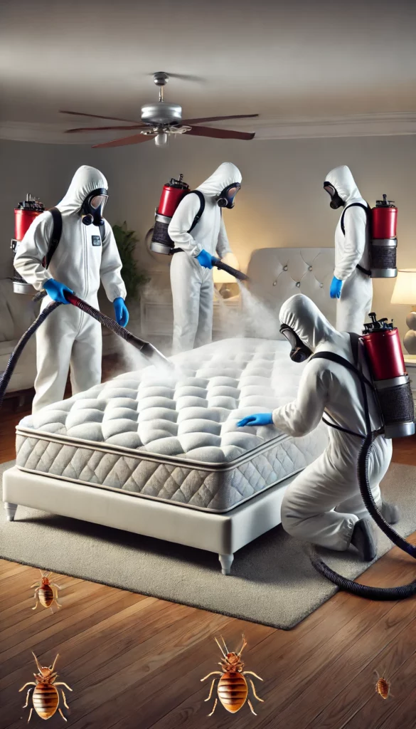 Photo montrant une équipe de techniciens en tenue de protection utilisant un traitement à la vapeur haute température pour éliminer les punaises de lit d'un matelas.