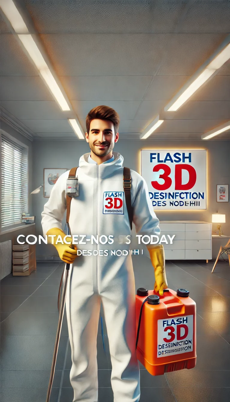 Illustration d'un technicien sympathique en tenue de protection, debout dans un espace propre avec un texte indiquant 'Contactez-Nous Dès Aujourd'hui' pour Flash 3D Désinfection.