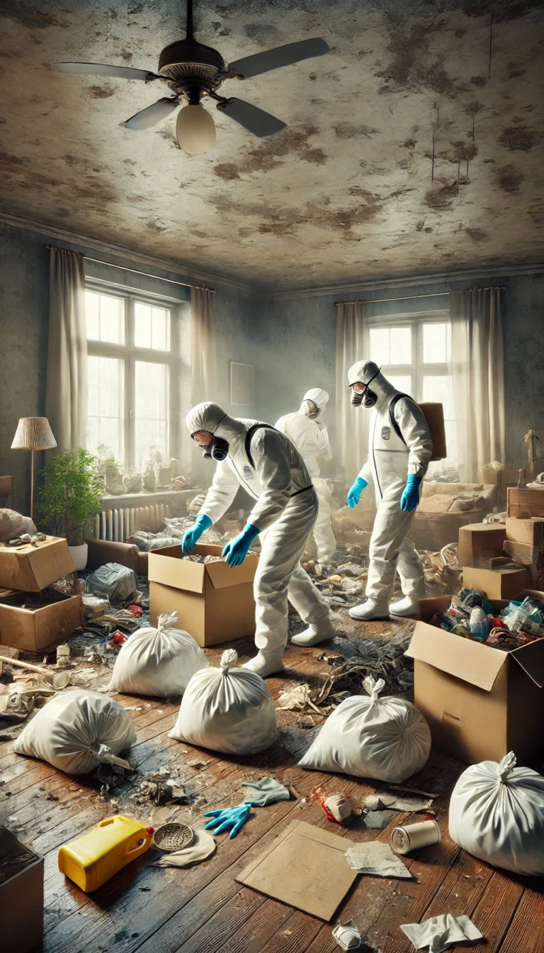 llustration réaliste d'une équipe de nettoyage professionnelle en tenue de protection, triant et enlevant les déchets d'un appartement encombré.