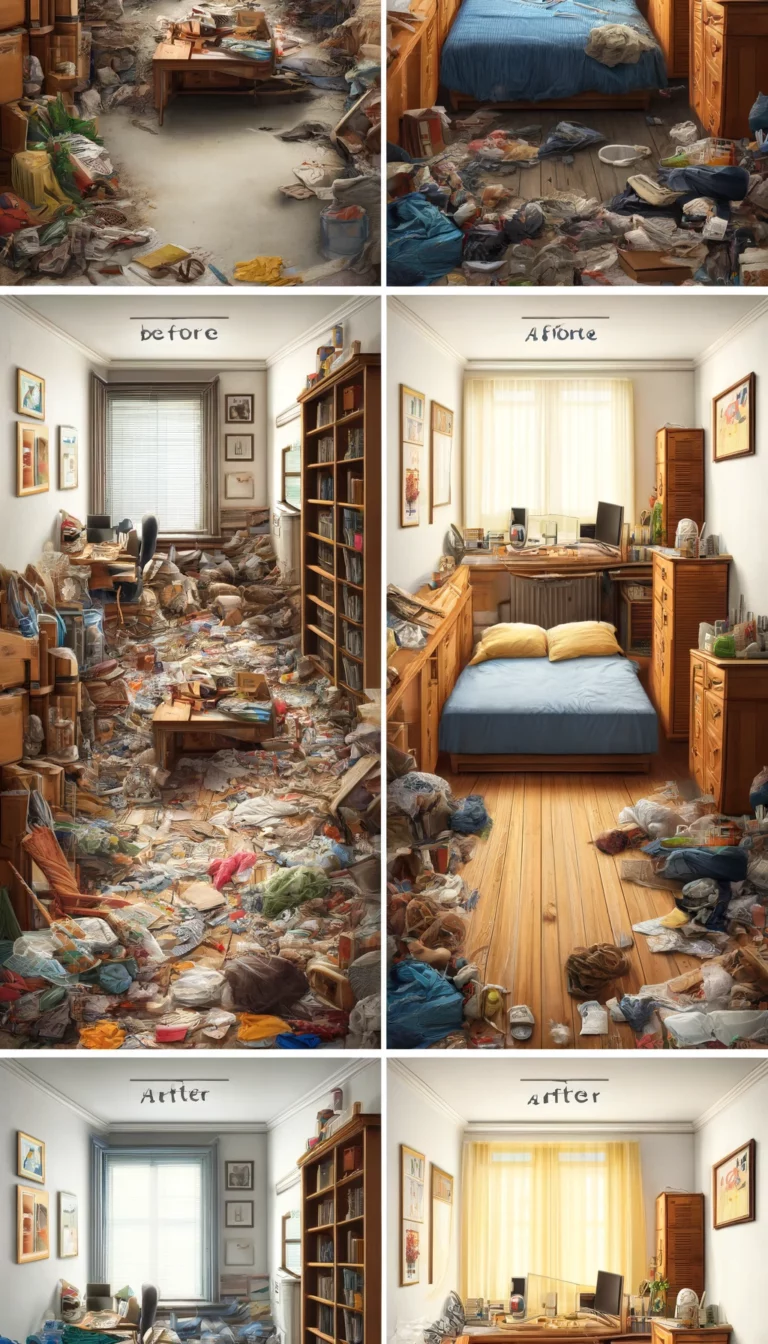 Illustration montrant la transformation avant et après d'une pièce dans un logement touché par le syndrome de Diogène, passant d'un espace encombré et sale à un espace propre et organisé.