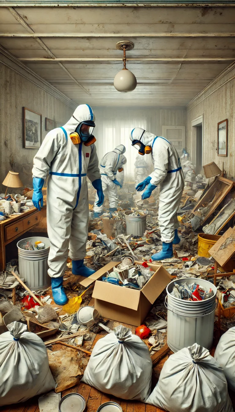 Illustration d'une équipe de nettoyage en tenue de protection triant et retirant les objets et déchets dans un appartement fortement encombré.