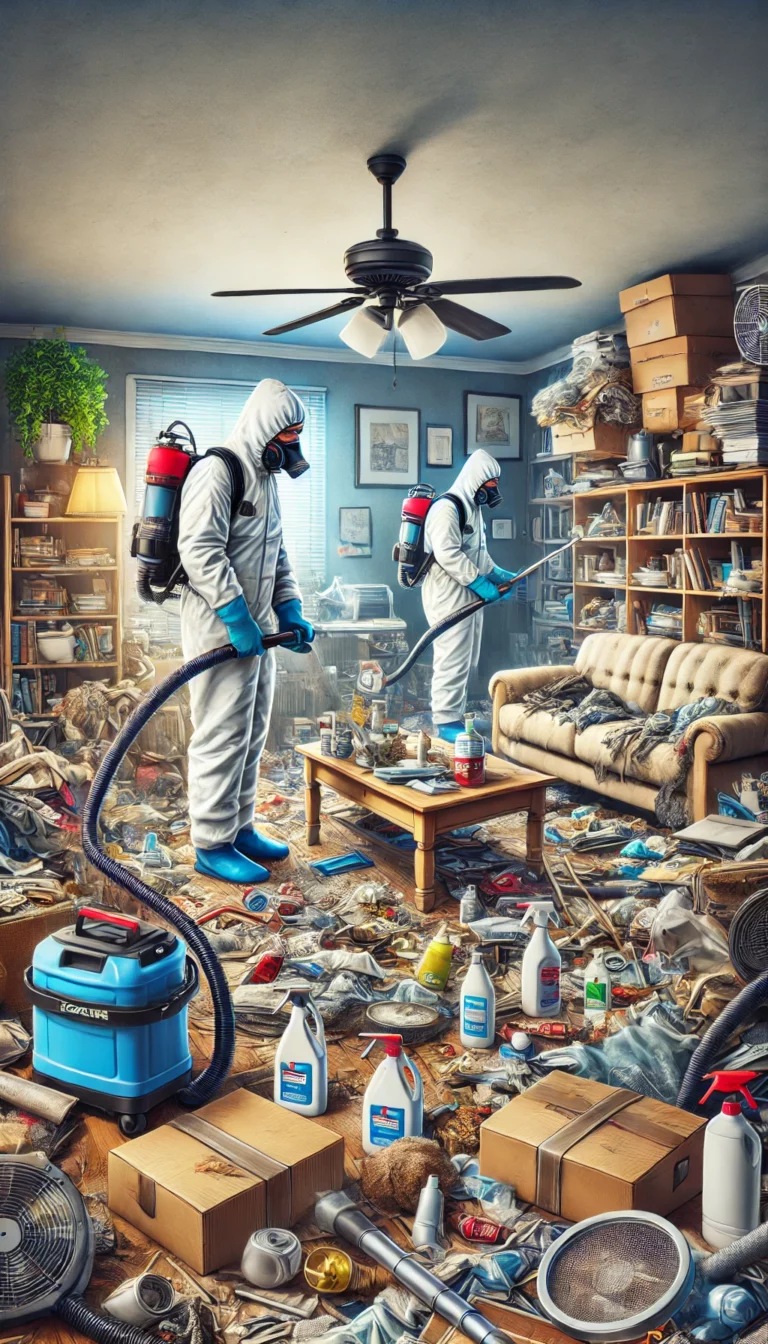 Illustration d'un technicien en tenue de protection procédant au nettoyage d'une pièce encombrée dans le cadre d'une intervention pour le syndrome de Diogène.