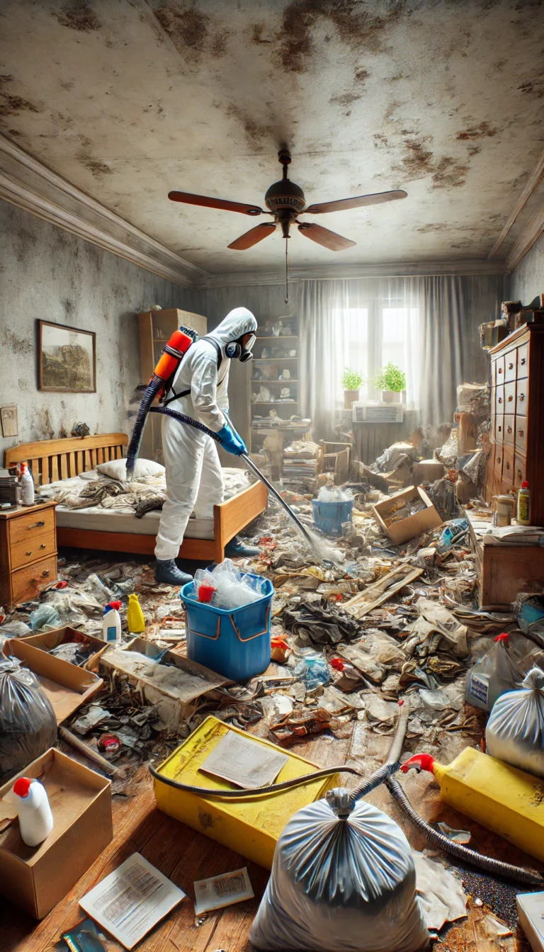 Illustration d'un professionnel en tenue de protection effectuant un nettoyage extrême dans une chambre encombrée, triant les objets personnels et éliminant les déchets.