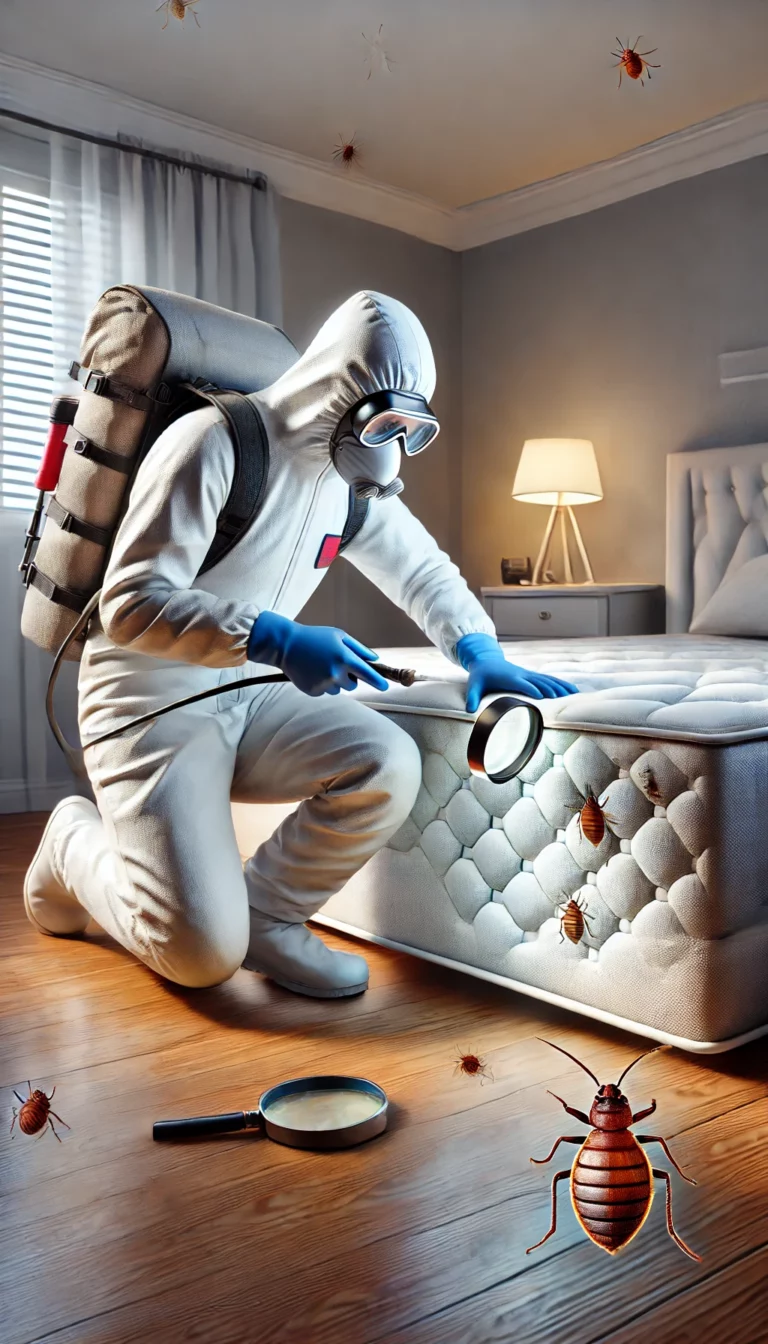 Illustration d'un technicien inspectant un matelas pour des signes d'infestation de punaises de lit, équipé de gants et d'un masque, avec des outils tels qu'une lampe de poche.