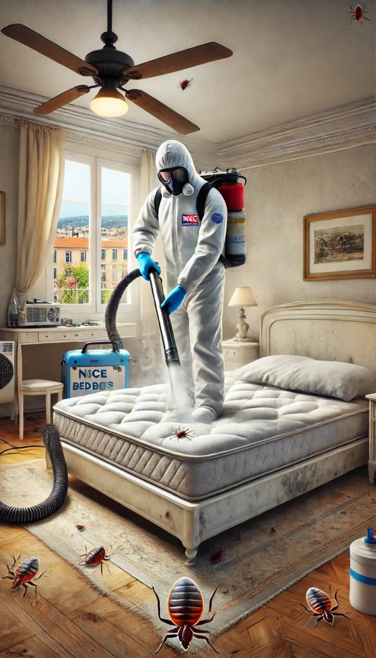 Illustration d'un technicien en tenue de protection utilisant des équipements spécialisés, comme un nettoyeur à vapeur ou un pulvérisateur d'insecticide, pour traiter un matelas contre les punaises de lit.