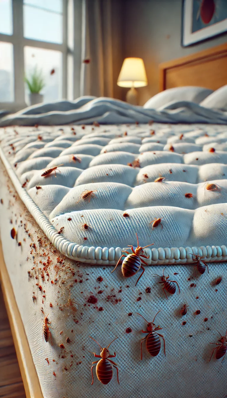 Illustration montrant des signes d'infestation de punaises de lit, avec des taches de sang, des peaux perdues et des punaises vivantes dans les coutures d'un matelas.