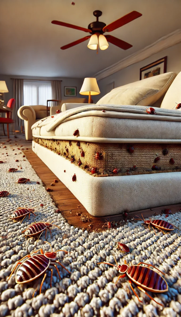 Illustration représentant les signes d'infestation de punaises de lit dans un séjour, visibles autour des meubles, des tapis et des coutures des canapés.
