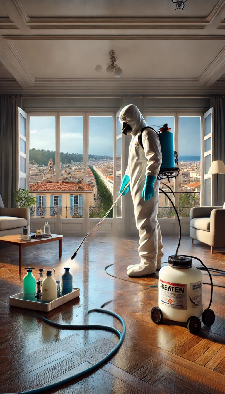 Illustration d'un technicien en tenue de protection procédant à une désinfection et décontamination après un décès dans une pièce à Nice, utilisant des pulvérisateurs et des outils spécialisés.