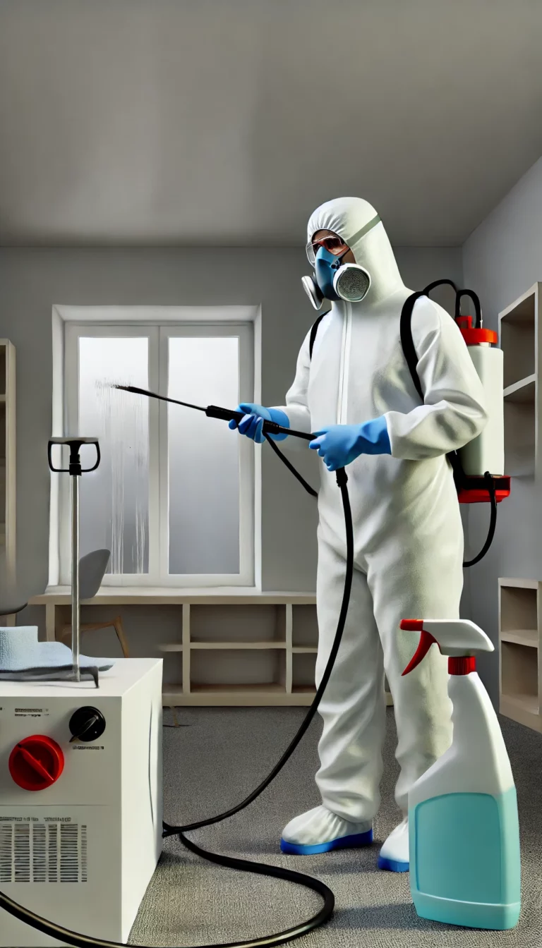 Illustration d'un technicien en tenue de protection effectuant un nettoyage et une désinfection après un décès, en utilisant des pulvérisateurs et des outils spécialisés.