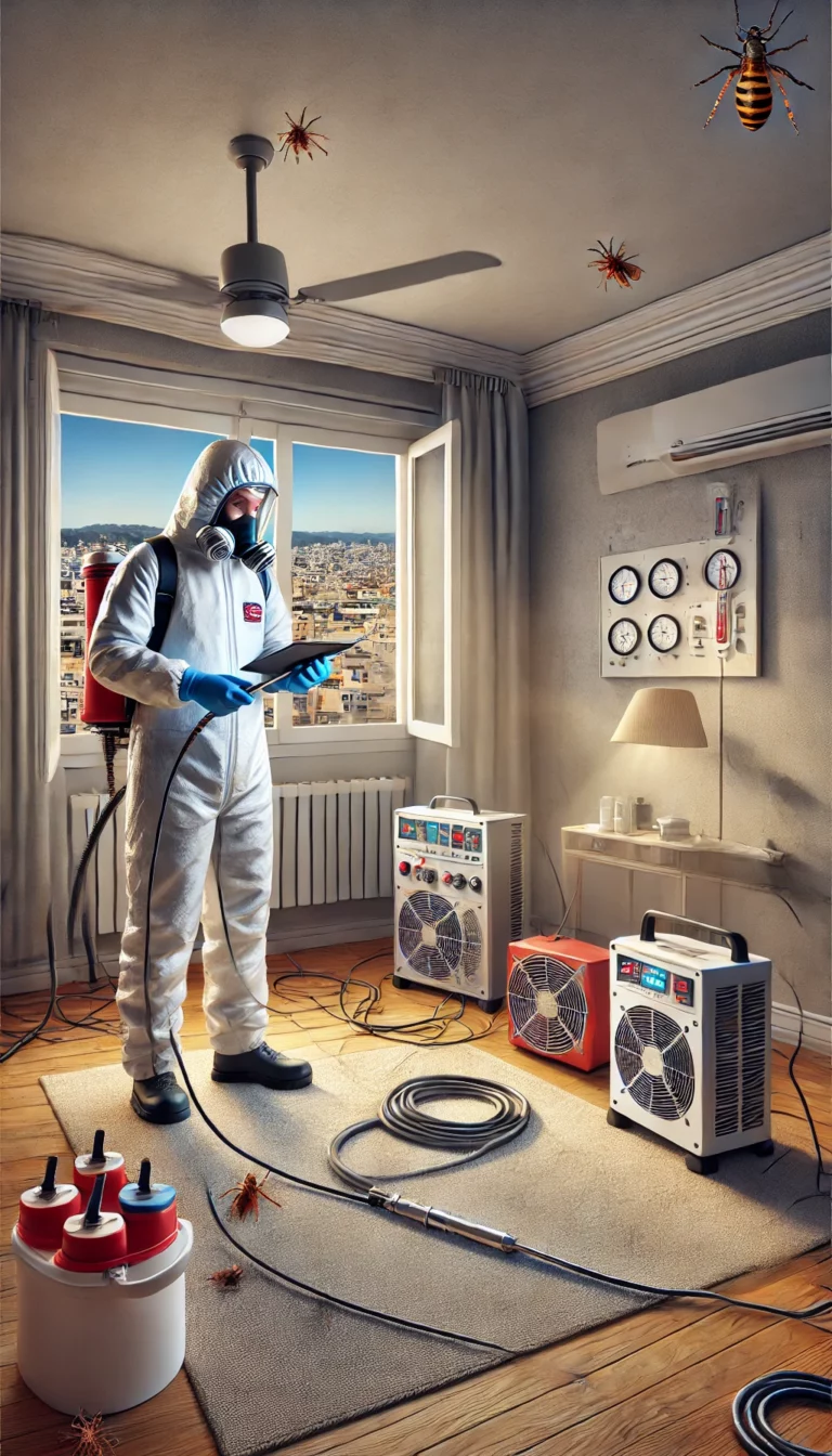 Illustration d'un technicien en tenue de protection appliquant un traitement thermique dans un logement à Nice pour l'éradication des nuisibles, utilisant des appareils de chauffage spécialisés.