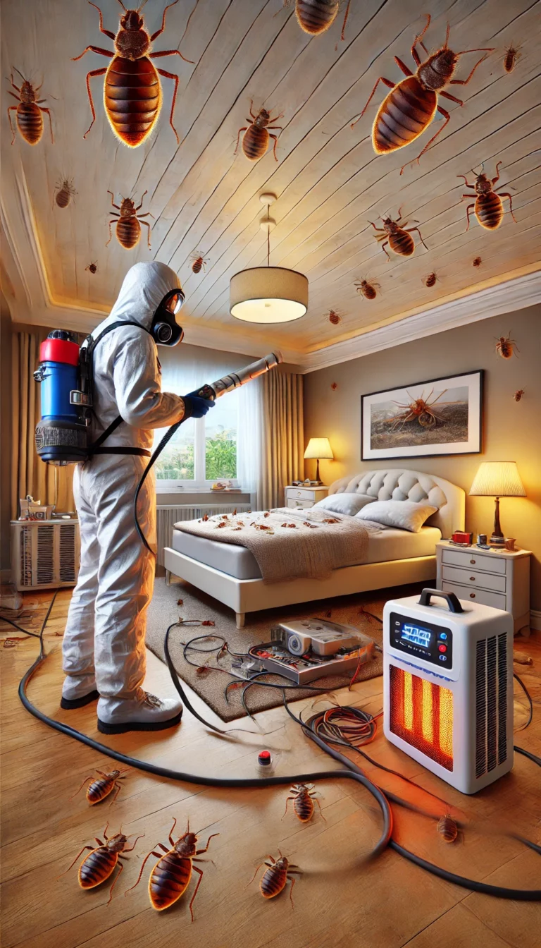 Illustration d'un technicien en tenue de protection effectuant un traitement thermique dans une chambre à Villeneuve-Loubet pour éradiquer les punaises de lit.