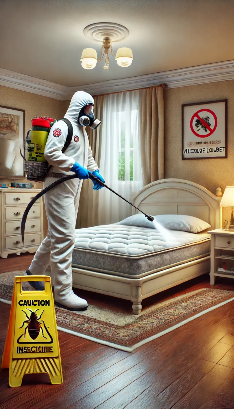 illustration d'un technicien en tenue de protection appliquant de l'insecticide dans une chambre infestée de punaises de lit à Villeneuve-Loubet.