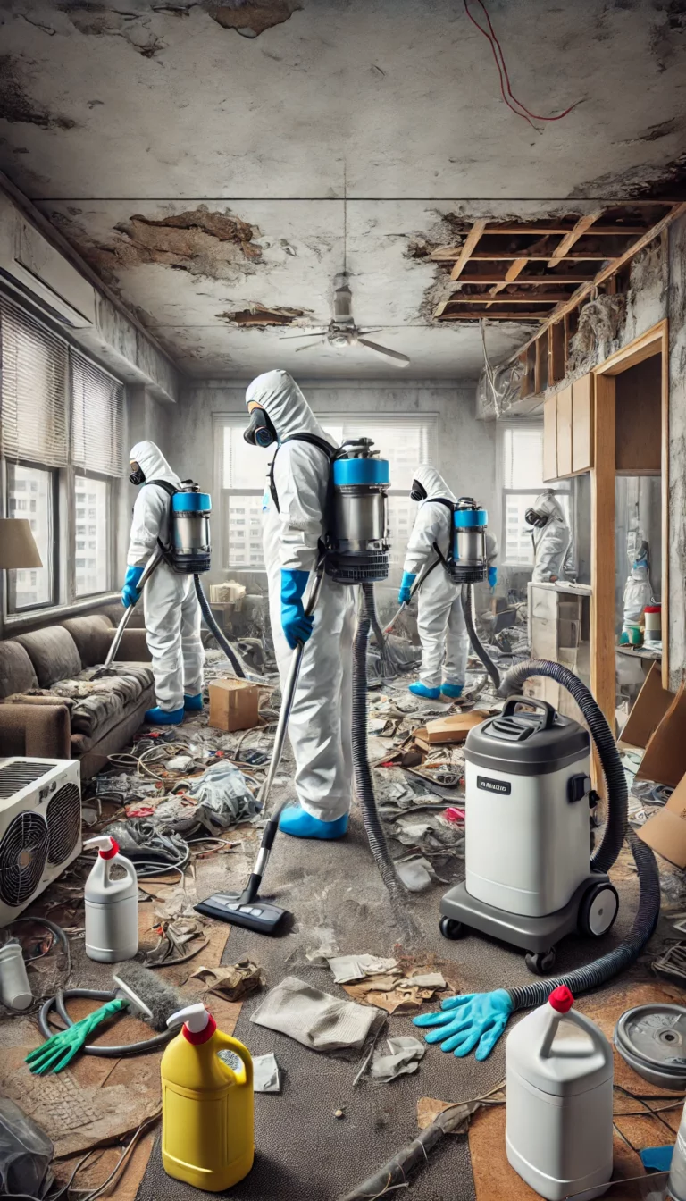 Illustration photo-réaliste montrant une équipe en tenue de protection nettoyant un logement insalubre avec des équipements spécialisés.