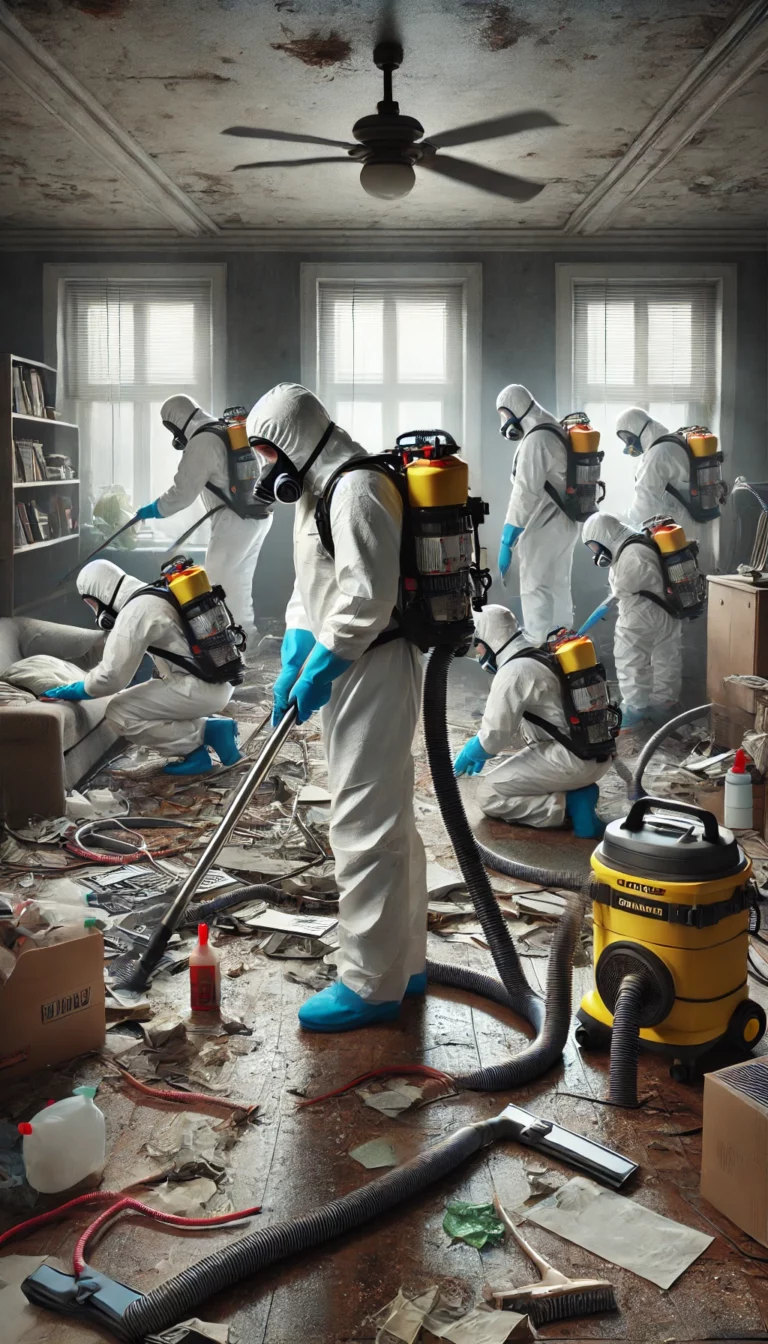 Illustration d'une équipe de nettoyage en tenue de protection utilisant des équipements industriels pour une intervention dans un logement affecté par le syndrome de Diogène.