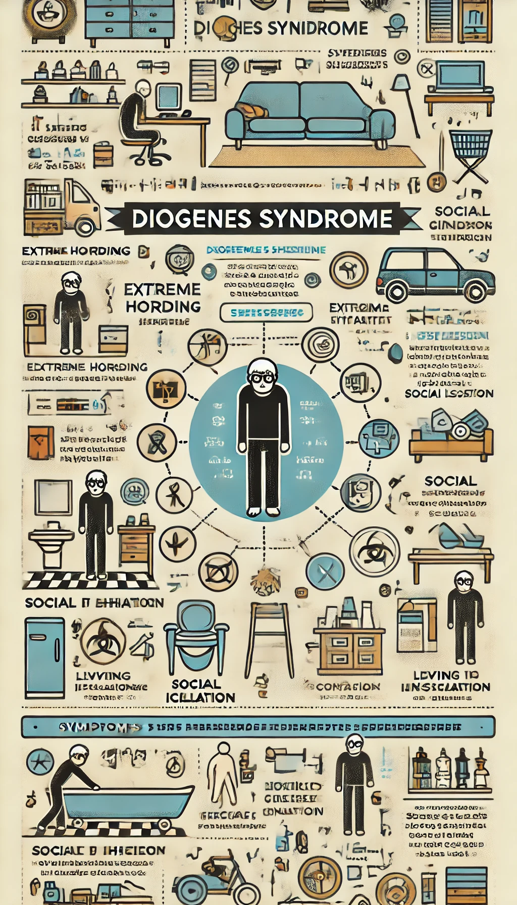 Diagramme informatif représentant les symptômes et comportements associés au syndrome de Diogène, incluant l'accumulation extrême, l'isolement social et les conditions de vie insalubres.