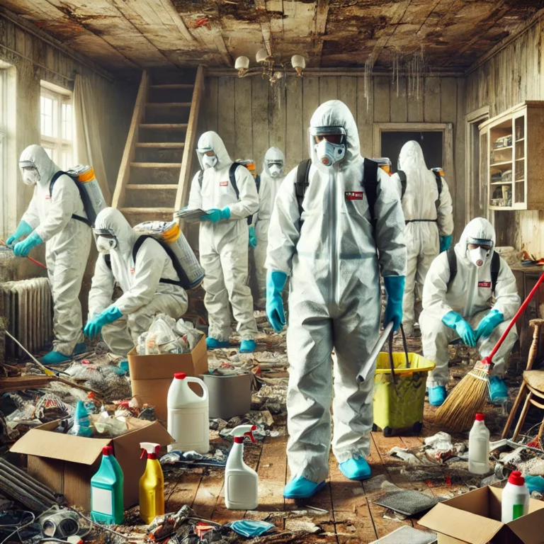 Photo montrant une équipe de nettoyage en tenue de protection complète travaillant dans un logement insalubre, avec des équipements de nettoyage et désinfection.