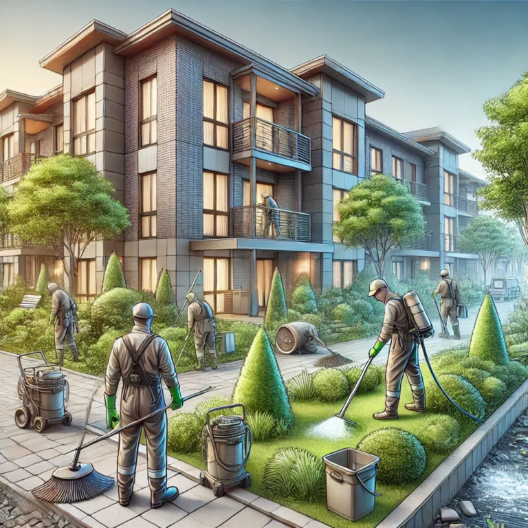 Illustration d'une équipe effectuant le nettoyage et l’entretien des espaces extérieurs autour d’un logement, avec des outils adaptés pour le jardinage et le ramassage des déchets.