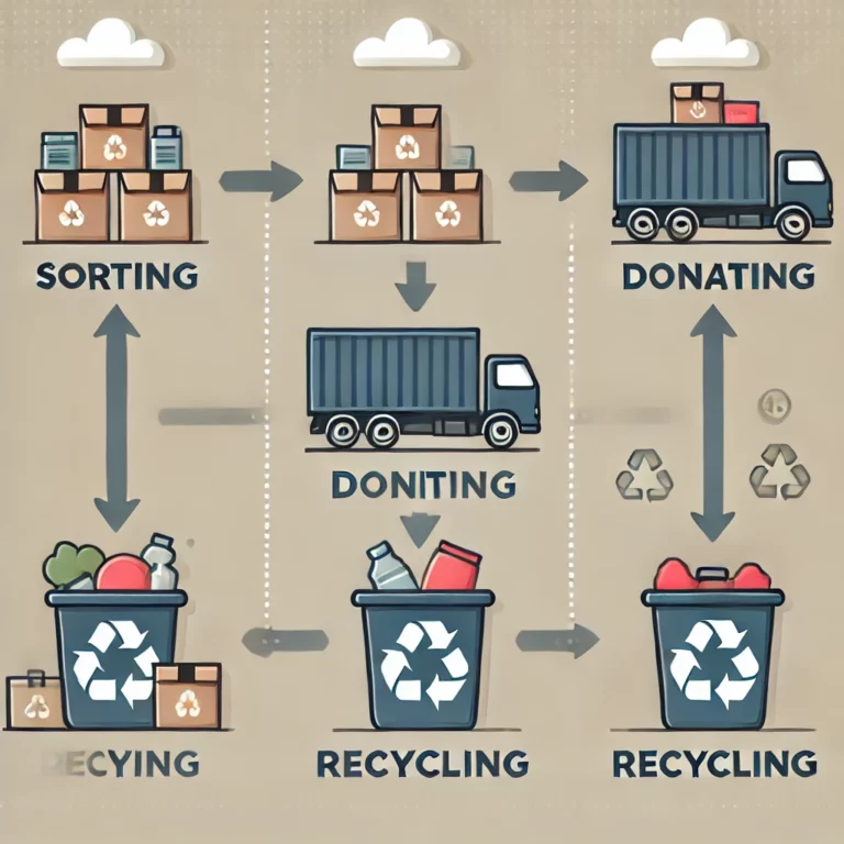 Schéma montrant les étapes de tri, débarras et recyclage, avec des icônes pour le tri des objets, le débarras, et le recyclage responsable des matériaux.