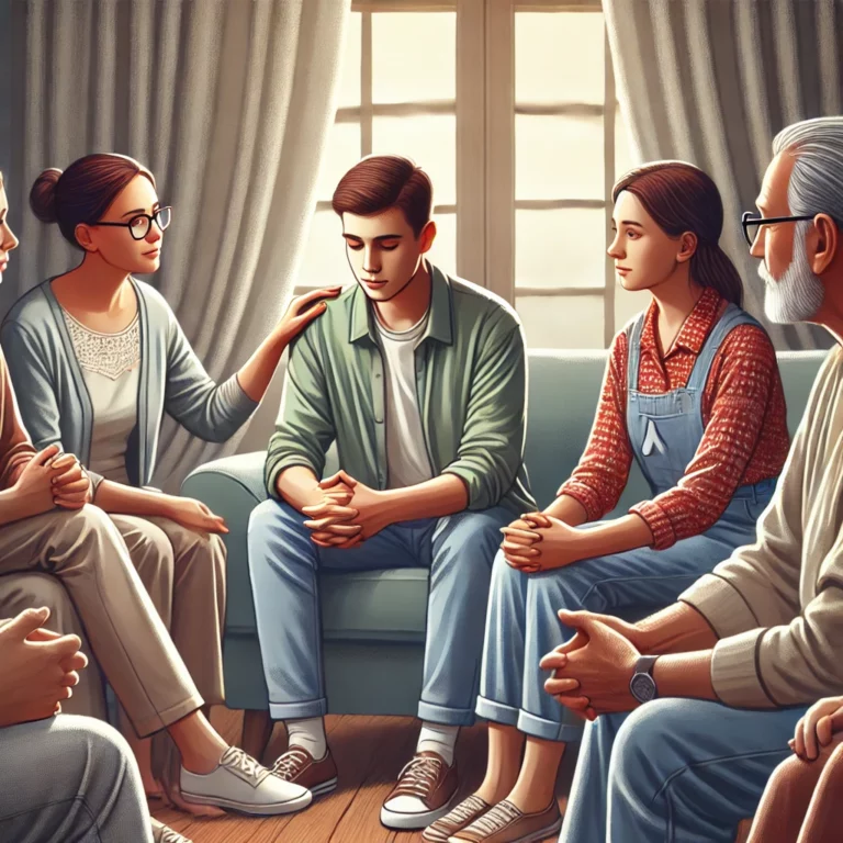 Illustration de proches discutant avec bienveillance et empathie avec une personne atteinte du syndrome de Diogène.