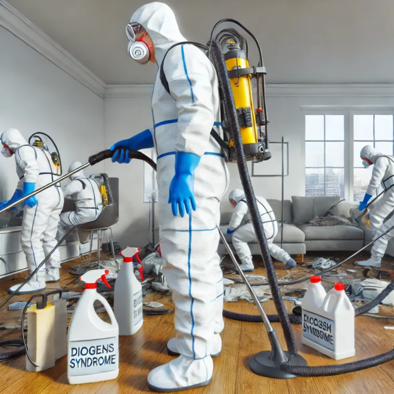 Agents de Flash 3D Désinfection équipés pour une intervention Diogène dans un appartement encombré.