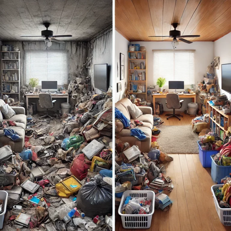 Illustration montrant l’avant et après d'un nettoyage dans un logement en situation de syllogomanie par Flash 3D Désinfection.
