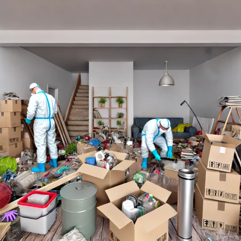 Équipe de professionnels triant et enlevant des objets accumulés dans un appartement très encombré.