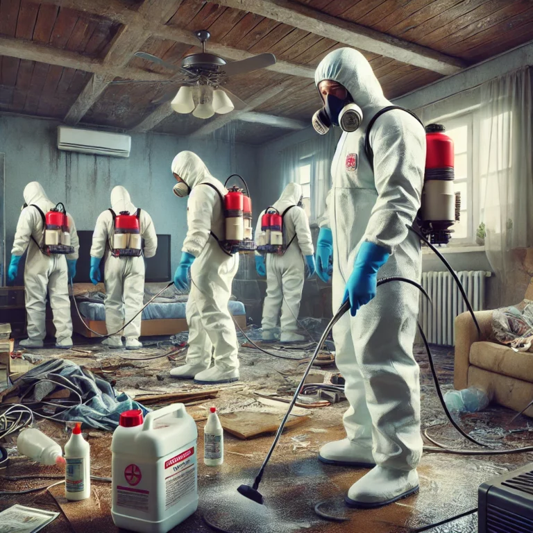 Illustration d’une équipe de nettoyeurs de l'extrême en combinaison de protection désinfectant un logement insalubre.